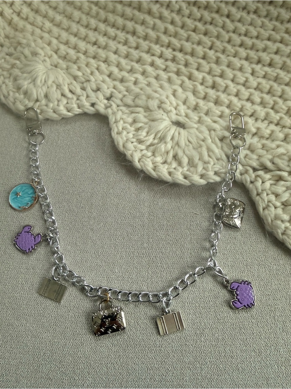 Silver Charm Chain with Purple Animal & Turquoise Disc Charms
